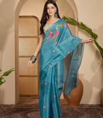 teal blue eroad silk blend saree with digital floral print soft lightweight ethnic festive saree