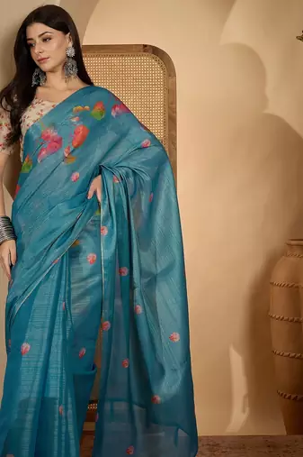 teal blue eroad silk blend saree with digital floral print soft lightweight ethnic festive saree