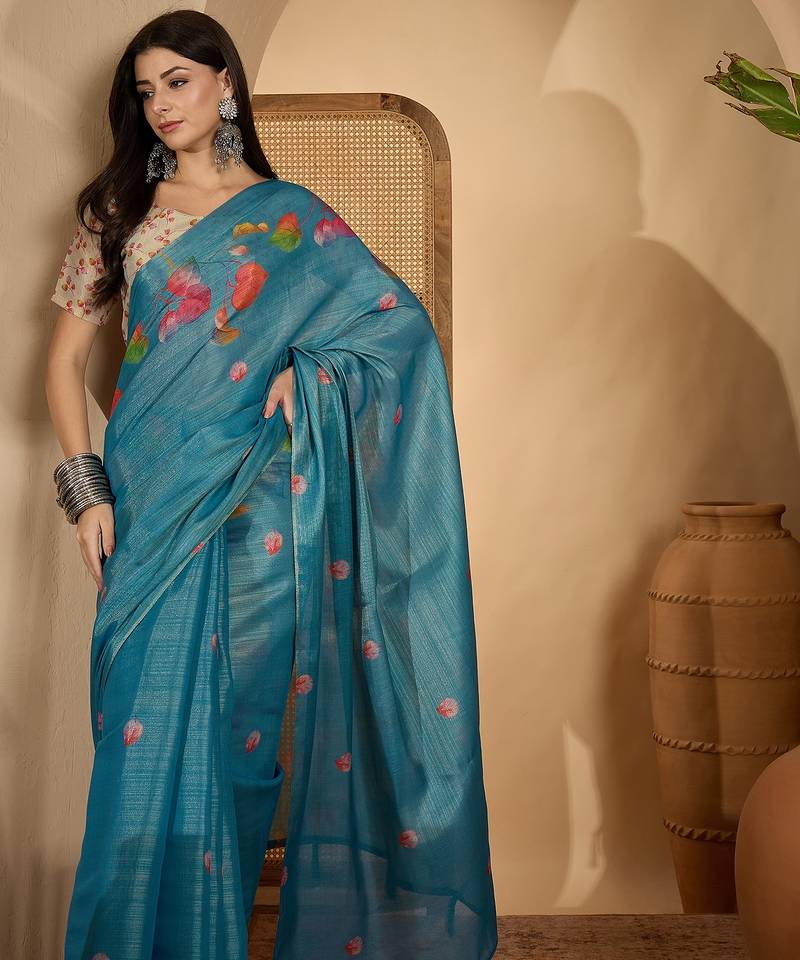 teal blue eroad silk blend saree with digital floral print soft lightweight ethnic festive saree