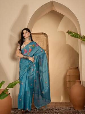teal blue eroad silk blend saree with digital floral print soft lightweight ethnic festive saree 3