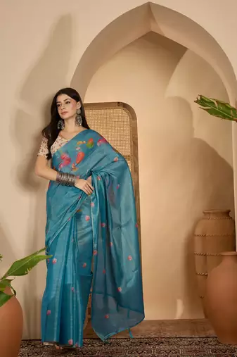 teal blue eroad silk blend saree with digital floral print soft lightweight ethnic festive saree