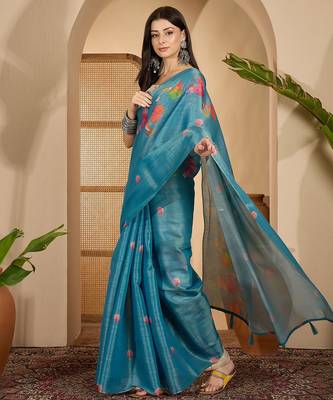 teal blue eroad silk blend saree with digital floral print soft lightweight ethnic festive saree 4