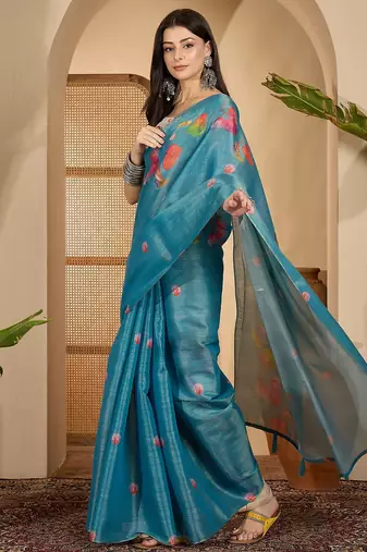 teal blue eroad silk blend saree with digital floral print soft lightweight ethnic festive saree