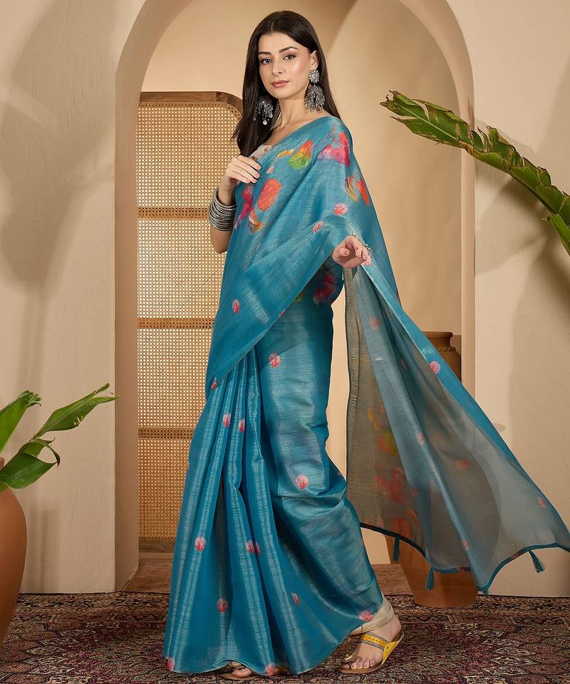 teal blue eroad silk blend saree with digital floral print soft lightweight ethnic festive saree