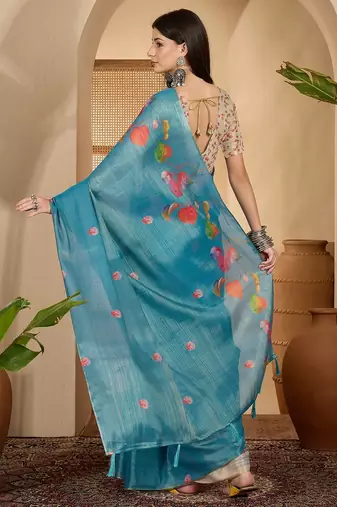 teal blue eroad silk blend saree with digital floral print soft lightweight ethnic festive saree