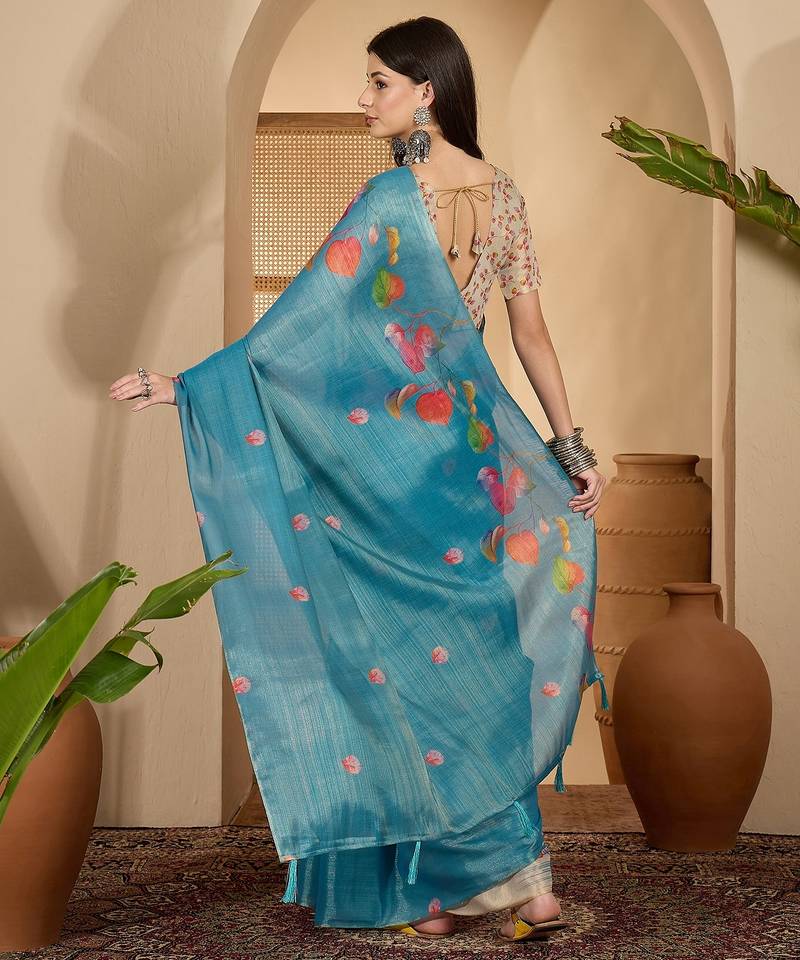 teal blue eroad silk blend saree with digital floral print soft lightweight ethnic festive saree