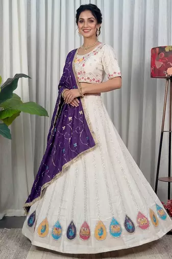 White Navratri Special Embroidered Lehenga Choli with Purple Dupatta