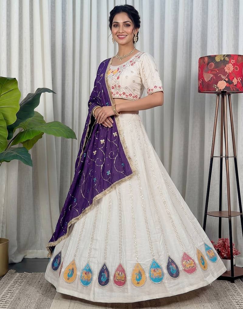 White Navratri Special Embroidered Lehenga Choli with Purple Dupatta
