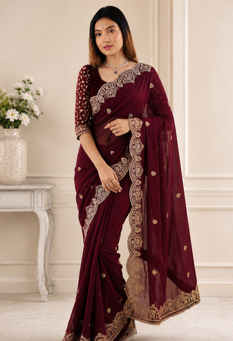 Maroon Color Embroidery all over Star Georgette Saree