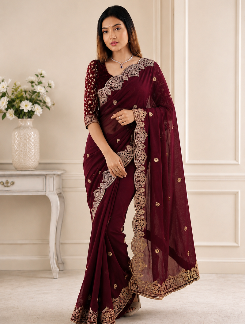Maroon Color Embroidery all over Star Georgette Saree