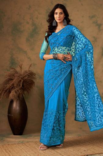 Blue beery embroidered work net saree with floral design