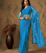 Blue beery embroidered work net saree with floral design