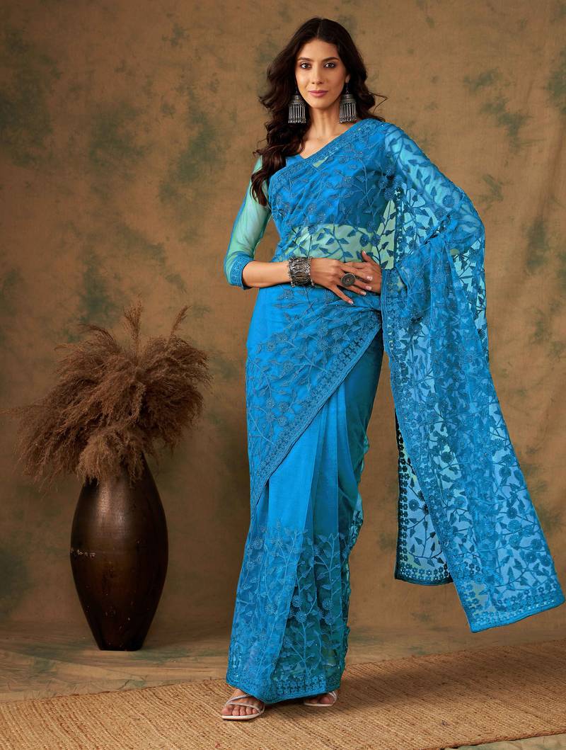 Blue beery embroidered work net saree with floral design