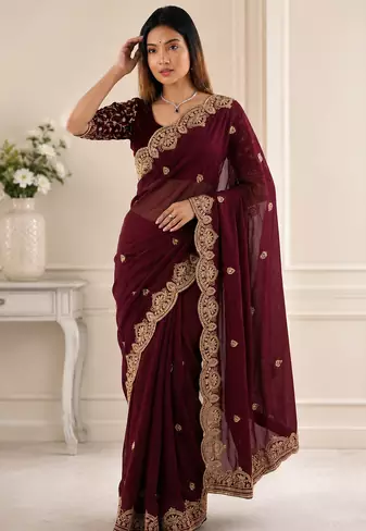 Maroon Color Embroidery all over Star Georgette Saree