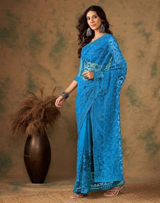 Blue beery embroidered work net saree with floral design 2