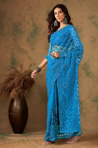 Blue beery embroidered work net saree with floral design