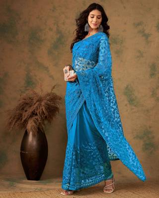 Blue beery embroidered work net saree with floral design 3
