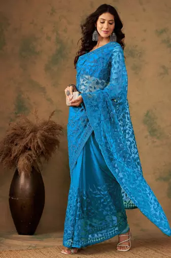Blue beery embroidered work net saree with floral design