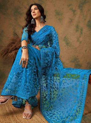 Blue beery embroidered work net saree with floral design 4