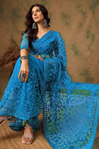 Blue beery embroidered work net saree with floral design