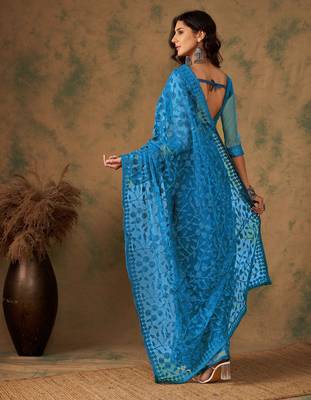 Blue beery embroidered work net saree with floral design 5