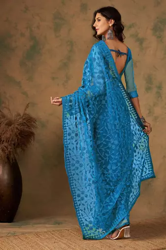 Blue beery embroidered work net saree with floral design