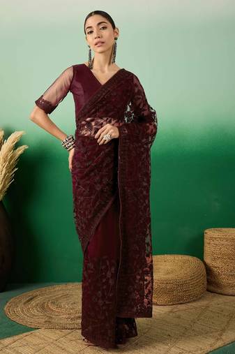 Burgundy embroidered work net saree with floral design