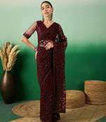 Burgundy embroidered work net saree with floral design