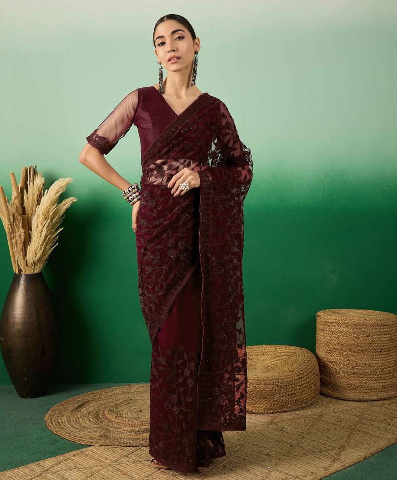 Burgundy embroidered work net saree with floral design