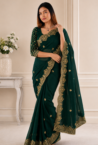 Dark Green Color Embroidery all over Star Georgette Saree