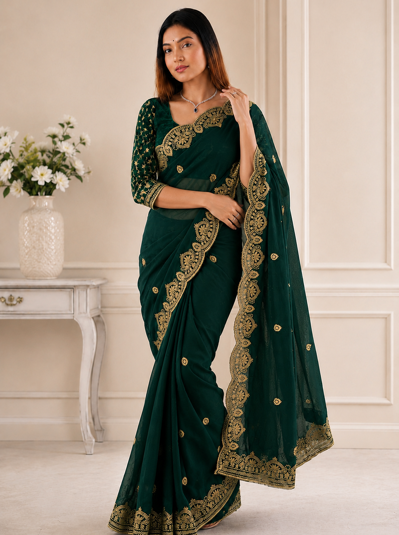 Dark Green Color Embroidery all over Star Georgette Saree