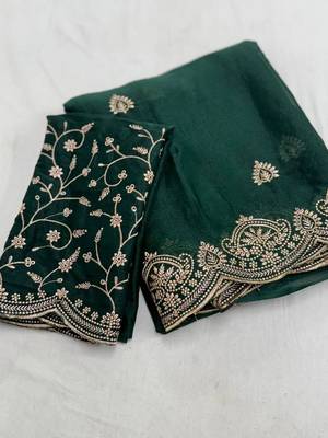 Dark Green Color Embroidery all over Star Georgette Saree 3