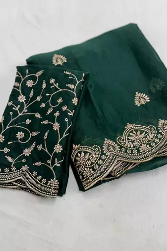 Dark Green Color Embroidery all over Star Georgette Saree