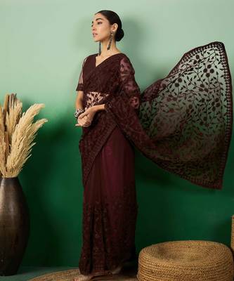 Burgundy embroidered work net saree with floral design 2