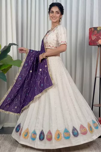 White Navratri Special Embroidered Lehenga Choli with Purple Dupatta