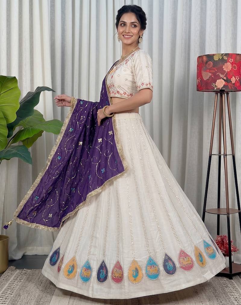 White Navratri Special Embroidered Lehenga Choli with Purple Dupatta