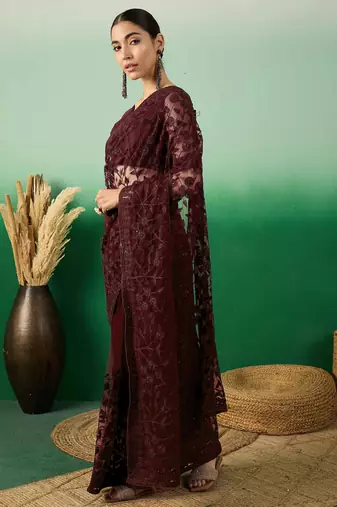 Burgundy embroidered work net saree with floral design