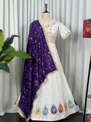 White Navratri Special Embroidered Lehenga Choli with Purple Dupatta 4