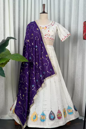 White Navratri Special Embroidered Lehenga Choli with Purple Dupatta
