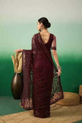 Burgundy embroidered work net saree with floral design 5