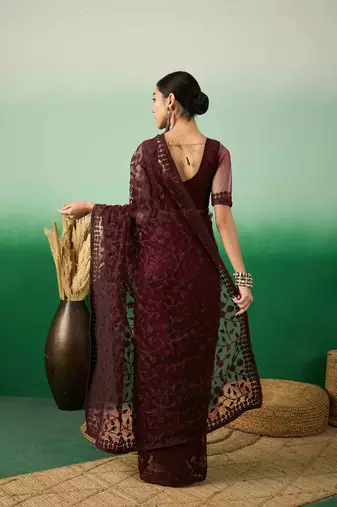Burgundy embroidered work net saree with floral design