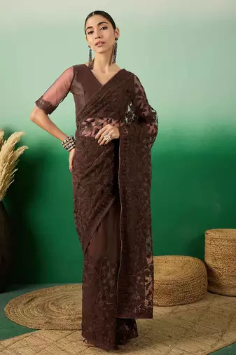 Coffee embroidered work net saree with floral design