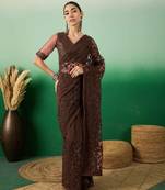 Coffee embroidered work net saree with floral design