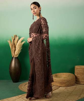 Coffee embroidered work net saree with floral design 2