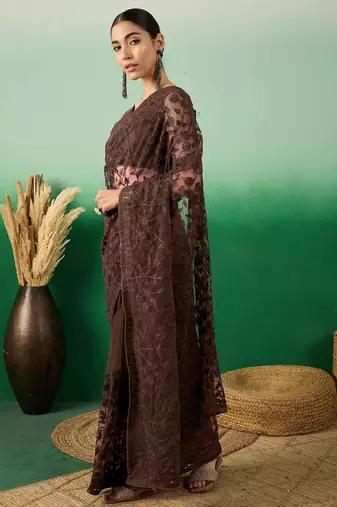 Coffee embroidered work net saree with floral design