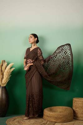 Coffee embroidered work net saree with floral design 3