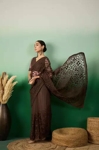 Coffee embroidered work net saree with floral design