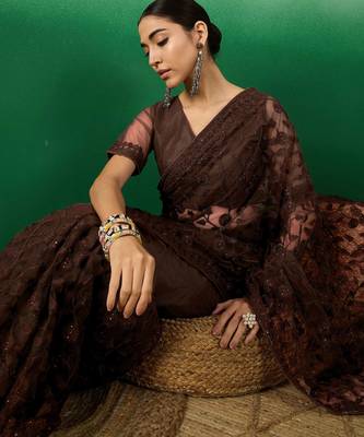 Coffee embroidered work net saree with floral design 4
