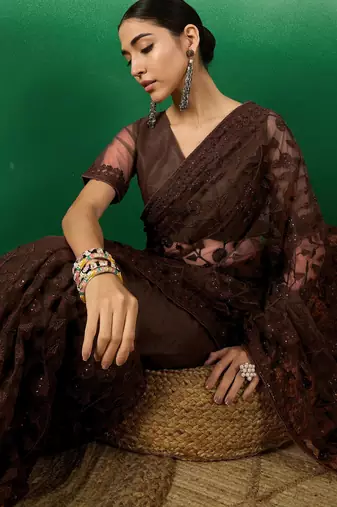 Coffee embroidered work net saree with floral design