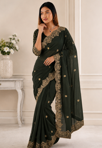 Mahendi Color Embroidery all over Star Georgette Saree